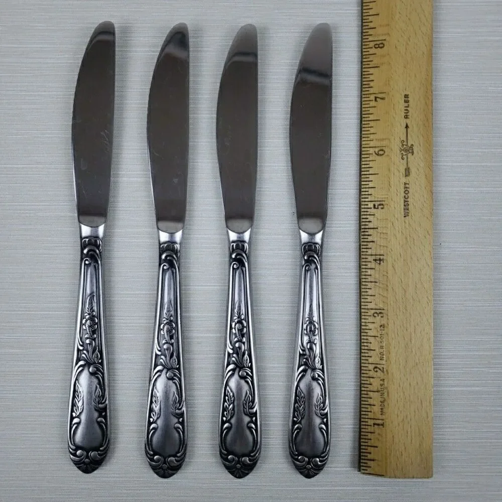Amefa Dinner Knives Stainless Holland AFS1 4 Pcs Scroll Leaf Flatware Silverware